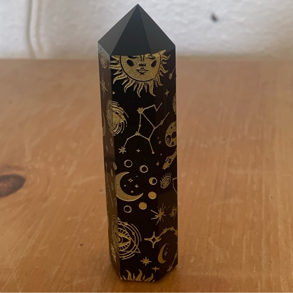 Gold etched obsidian tower point crystal with moons stars protective symbols